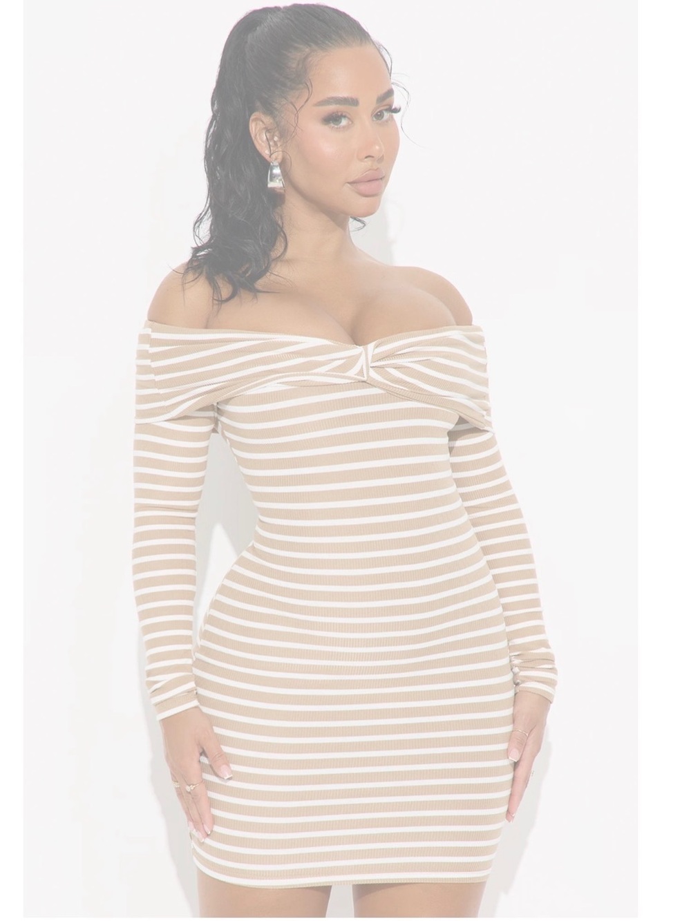 Striped Beige & White Off-Shoulder Long Sleeve Bodycon Dress